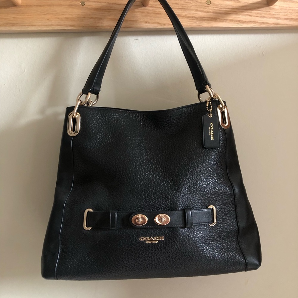 Coach Kelly Style Black Pebbled Leather Shoulder Bag with Gold Hardware